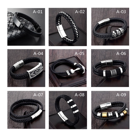 Men's Braided Genuine Leather Bracelet Stainless Steel Magnetic Clasp Punk Vintage Multilayer Jewelry For Daily Party