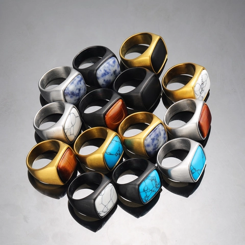 Vintage Men Titanium Steel Signet Ring Square Natural Stone Inlaid Matte Brushed Finish Punk Fashion Jewelry Finger Ring
