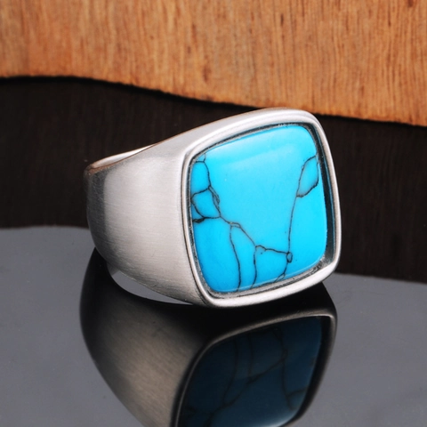 Vintage Men Titanium Steel Signet Ring Square Natural Stone Inlaid Matte Brushed Finish Punk Fashion Jewelry Finger Ring