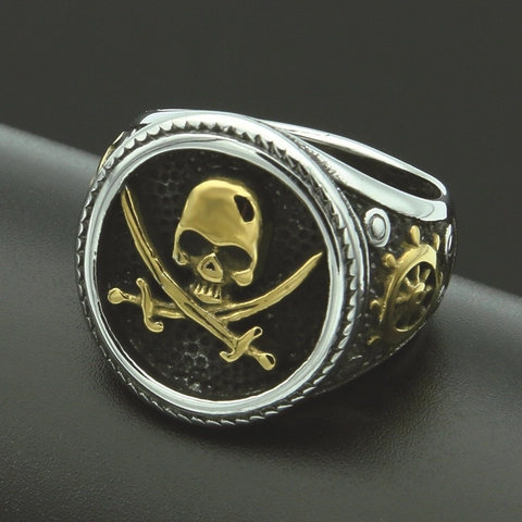 Vintage Stainless Steel Pirate Skull Ring For Men Gold Silver Two-Tone Punk Gothic Jolly Roger Signet Ring Men Jewelry