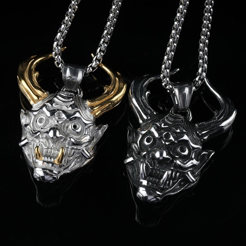 Vintage Stainless Steel Hannya Mask Pendant Necklace For Men Punk Gothic Demon Skull Horn Retro Jewelry Accessory Gift