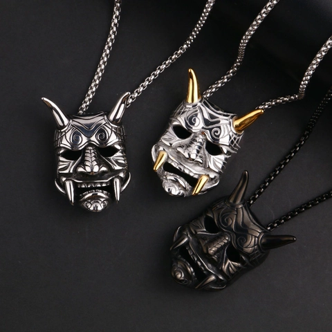 Collana con Ciondolo Maschera Hannya da Uomo in Acciaio al Titanio Punk Gotico Teschio Giapponese Catena Box Lucida Gioielli