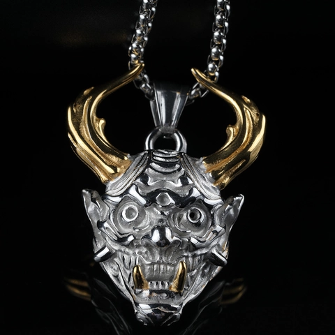 Vintage Stainless Steel Hannya Mask Pendant Necklace For Men Punk Gothic Demon Skull Horn Retro Jewelry Accessory Gift