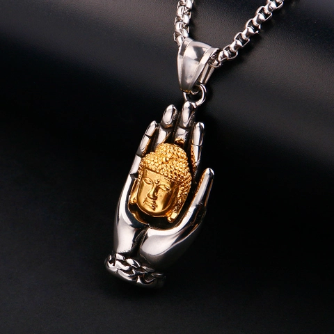 Vintage Stainless Steel Buddha Head Palm Pendant Necklace Religious Tathagata Hand Hip Hop Jewelry For Men Gold Silver Tone