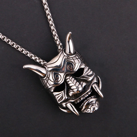Collana con Ciondolo Maschera Hannya da Uomo in Acciaio al Titanio Punk Gotico Teschio Giapponese Catena Box Lucida Gioielli