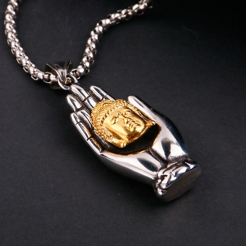 Vintage Stainless Steel Buddha Head Palm Pendant Necklace Religious Tathagata Hand Hip Hop Jewelry For Men Gold Silver Tone