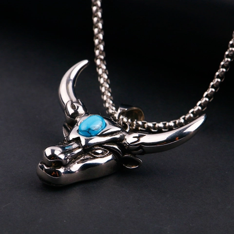 Collana con Ciondolo a Forma di Testa di Toro Teschio Vintage Uomo Acciaio Inossidabile Punk Gioielli con Pietra Sintetica Blu