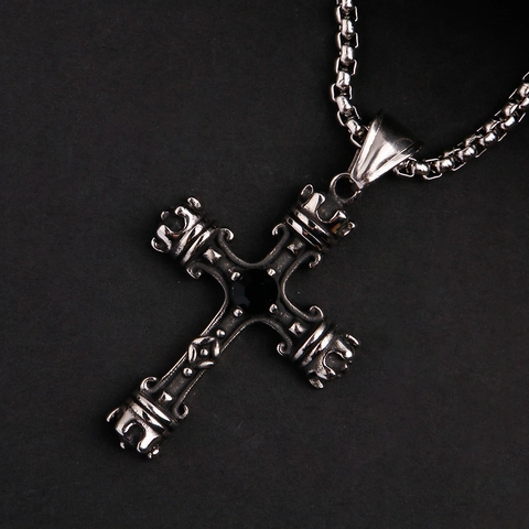 Vintage Gothic Men Stainless Steel Cross Crown Pendant Necklace With Black Rhinestone Retro Titanium Steel Jewelry Gift