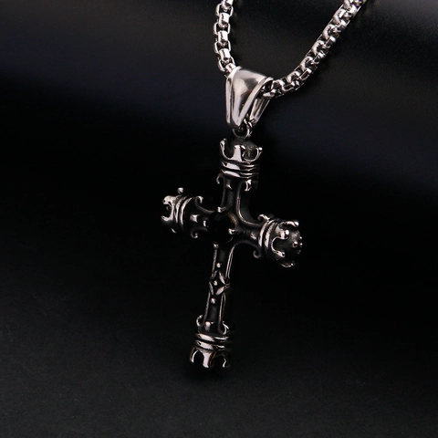 Vintage Gothic Men Stainless Steel Cross Crown Pendant Necklace With Black Rhinestone Retro Titanium Steel Jewelry Gift