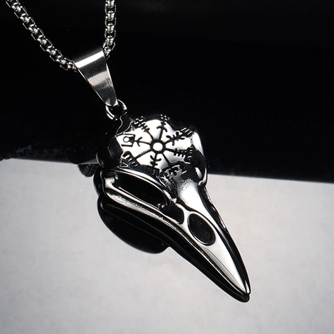Viking Crow Skull Pendant Necklace For Men Titanium Steel Gothic Vegvisir Compass Bird Head Retro Punk Jewelry Necklace
