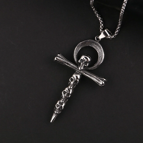 Gothic Edelstahl Totenkopf Ankh Kreuz Anhänger Halskette Retro Hip Hop Punk Schmuck Für Damen Herren Silber Halskette