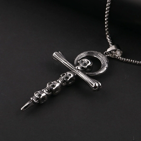 Gothic Edelstahl Totenkopf Ankh Kreuz Anhänger Halskette Retro Hip Hop Punk Schmuck Für Damen Herren Silber Halskette