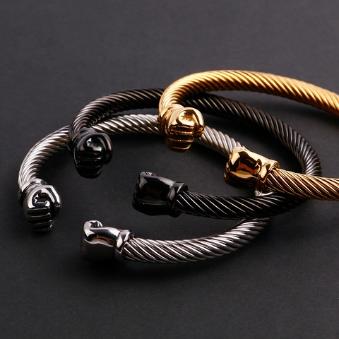 Fashion Titanium Steel Fist Cuff Bracelet For Men Twisted Cable Wire Bangle Open Personalized Punk Jewelry Polished Metal Wristband
