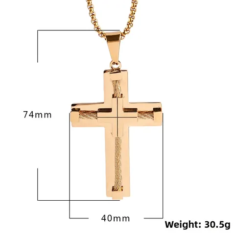 Industrial Titanium Steel Double Layer Cross Pendant Necklace Punk Men Steel Wire Inlay Gothic Jewelry Box Byzantine Chain