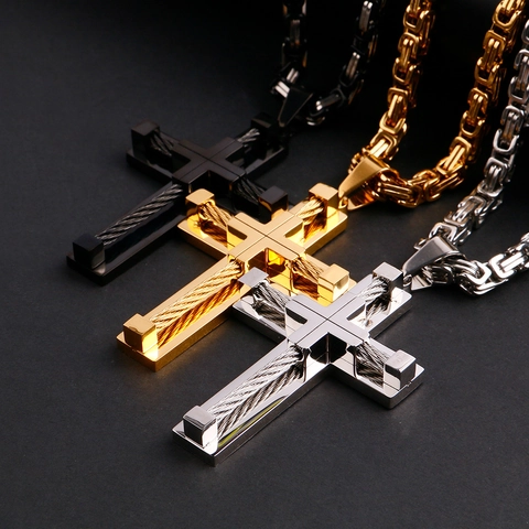 Industrial Titanium Steel Double Layer Cross Pendant Necklace Punk Men Steel Wire Inlay Gothic Jewelry Box Byzantine Chain