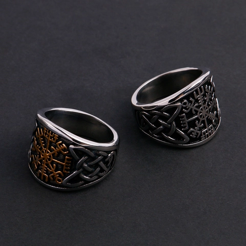 Anillo de Brújula Vikinga de Acero Inoxidable para Hombre Vintage Vegvisir Nudo Celta Bicolor Oro Plata Joyería Retro