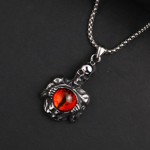 Collar de Colgante de Calavera Gótica de Acero Inoxidable Ojo del Diablo Rojo para Hombre Punk Rock Joyería Vintage de Esqueleto