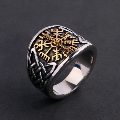Anillo de Brújula Vikinga de Acero Inoxidable para Hombre Vintage Vegvisir Nudo Celta Bicolor Oro Plata Joyería Retro