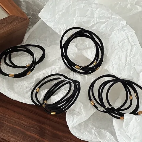 Hochelastische Schwarze Haargummis Mit Goldenem Metallanschluss Minimalistische Haarband Scrunchies Für Damen Mädchen Alltag