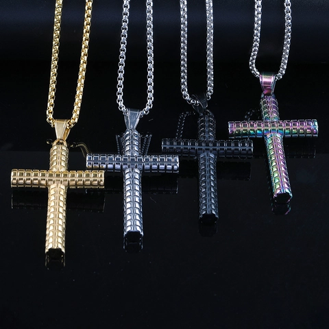 Collar de Colgante de Cruz de Acero Inoxidable Punk 3D Rejilla Sólido para Hombre Joyería de Acero de Titanio Con Cadena de Caja de 60cm Oro Plata Negro Arcoíris