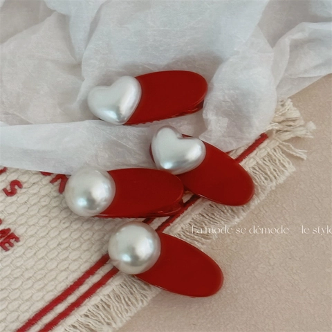 Fermaglio per Capelli con Perla Artificiale Rossa Cuore Tondo Retro per Donna Ragazze Natale Capodanno Mini Becco di Corvo Accessori