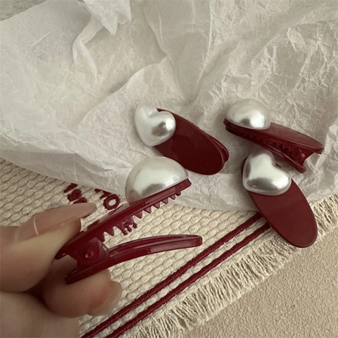 Fermaglio per Capelli con Perla Artificiale Rossa Cuore Tondo Retro per Donna Ragazze Natale Capodanno Mini Becco di Corvo Accessori