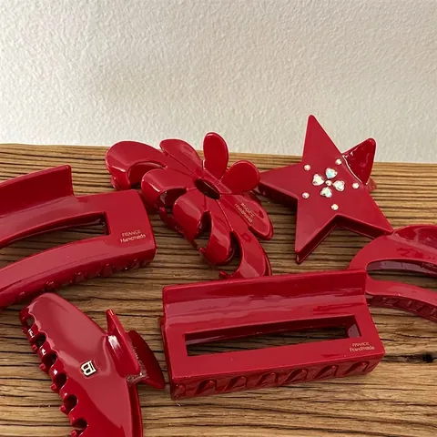 Pinza per Capelli Vintage Rosso Capodanno in Acetato per Donna Lucida Strass Fiore Stella Geometrica Fatto a Mano Francese