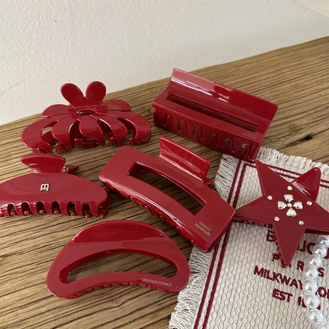 Pinza per Capelli Vintage Rosso Capodanno in Acetato per Donna Lucida Strass Fiore Stella Geometrica Fatto a Mano Francese