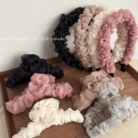 Elegant Organza Pleated Headband Hair Claw Clips Set For Women Korean Style Solid Color Scrunchie Hair Hoop Accessories