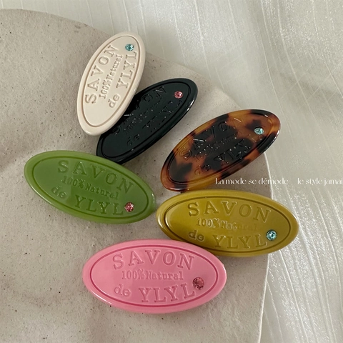 Franse Vintage Oval Hars Haarclip Zeep Ontwerp Reliëf Letters Strass Decoratieve Eendenbekclip Voor Vrouwen Haaraccessoires
