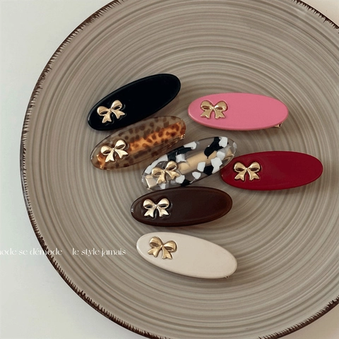 French Vintage Oval Acetate Hair Clip With Metal Bow Elegant Korean Style Duckbill Side Clip For Women Daily Styling Accessory
