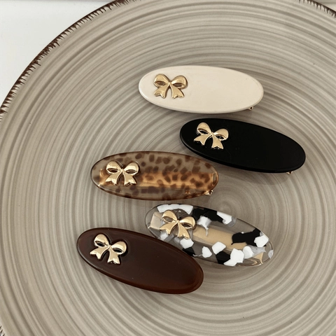 French Vintage Oval Acetate Hair Clip With Metal Bow Elegant Korean Style Duckbill Side Clip For Women Daily Styling Accessory