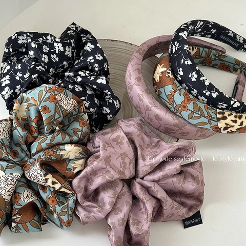 Ensemble Serre-Tête Rembourré Et Grand ChouChou À Imprimé Floral Français Vintage Accessoires Cheveux Élégants En Polyester Pour Femmes