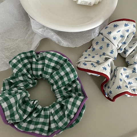 Coleteros de Tela de Cuadros y Flores Estilo Vintage de Hong Kong Ribete en Contraste Gomas de Pelo Mujer Niña