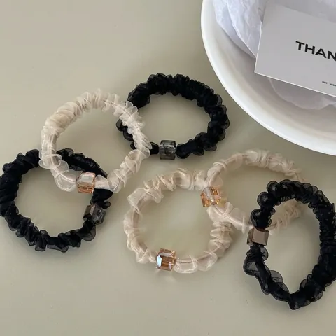 Elegant Sheer Gauze Scrunchie With Square Bead Decor Korean Style High Elasticity Hair Band For Women Ponytail Holder Fabric Hair Accessories