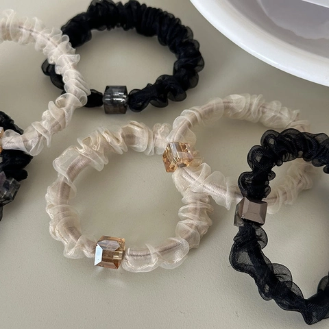 Elegant Sheer Gauze Scrunchie With Square Bead Decor Korean Style High Elasticity Hair Band For Women Ponytail Holder Fabric Hair Accessories