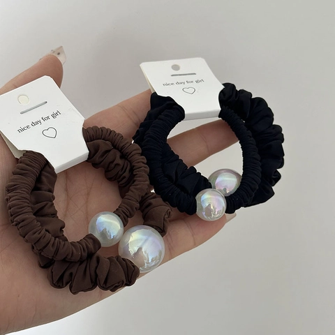 Elastici per Capelli in Tessuto Pieghettato Stile Francese Decorazione Perle Artificiali Iridescenti Per Donna Accessori