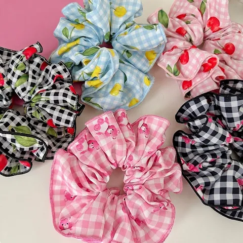 Elastici per Capelli Scrunchies in Tessuto a Quadretti Stile Coreano per Donna Fantasia Ciliegia Orso Grandi Accessori Moda Capelli