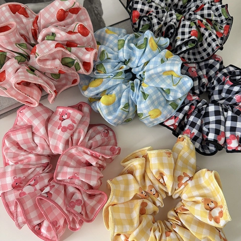 Elastici per Capelli Scrunchies in Tessuto a Quadretti Stile Coreano per Donna Fantasia Ciliegia Orso Grandi Accessori Moda Capelli