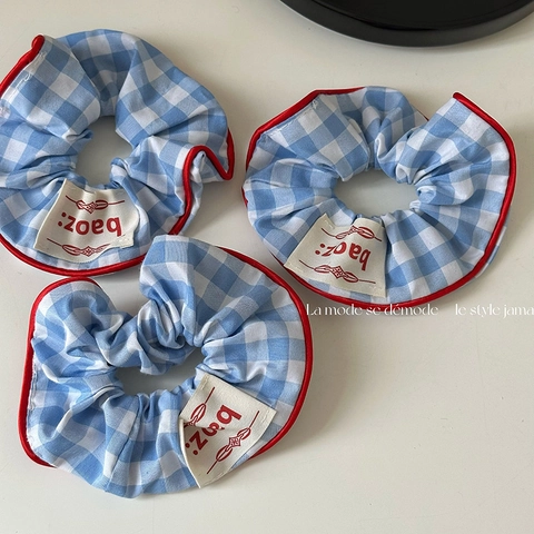 Coletero De Tela A Cuadros Azul Y Blanco Estilo Coreano Con Borde Rojo Color De Contraste Corbata Para El Cabello Para Mujeres Niñas Accesorios Para El Cabello