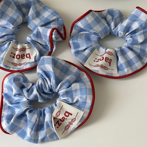 Coletero De Tela A Cuadros Azul Y Blanco Estilo Coreano Con Borde Rojo Color De Contraste Corbata Para El Cabello Para Mujeres Niñas Accesorios Para El Cabello