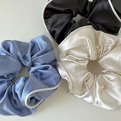 Women Elegant Satin Scrunchie Large Hair Tie With Contrast Piping High Elasticity Solid Color Hair Rope For Daily Styling