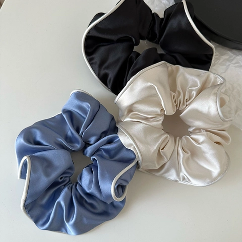 Women Elegant Satin Scrunchie Large Hair Tie With Contrast Piping High Elasticity Solid Color Hair Rope For Daily Styling