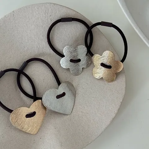 Minimalistische Legierung Gebürstetes Metall Herz Blume Haargummis Für Damen Koreanische Hoch Elastische Scrunchies Gold Silber Haarschmuck