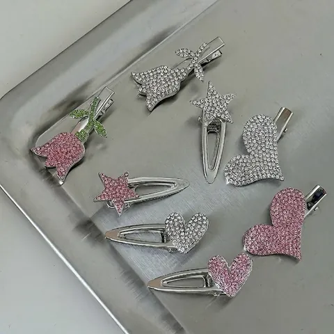 Pinzas para el Cabello de Tulipán Estrella Corazón con Strass Brillante para Mujer Elegante Clip Pico de Pato Joyería