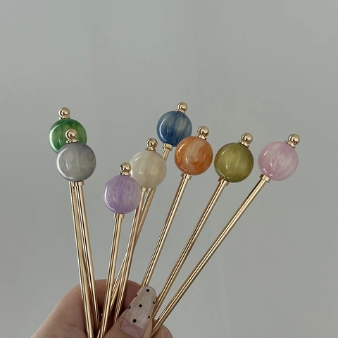 Vintage Legering Haarstokje Minimalistisch Gouden Metalen Haarpin Met Marmerpatroon Hars Bal Voor Vrouwen Haarstyling
