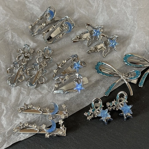 Y2K Blau Silber Legierung Stern Mond Haarklammern Minimalistisch Schmetterling Blume Strass Entenschnabel Clips Damen Haarschmuck