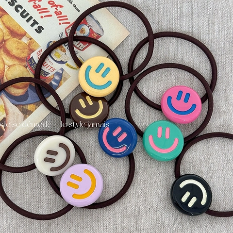 Cute Smiley Face Elastic Hair Ties For Women Colorful Resin Charm Fabric Scrunchies Sweet Dopamine Style Hair Accessories