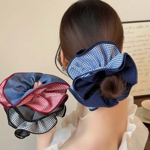 Chouchou en Tissu Plaid Surdimensionné Vintage Couleur Contrastée Support de Queue de Cheval Style Britannique Pour Femmes