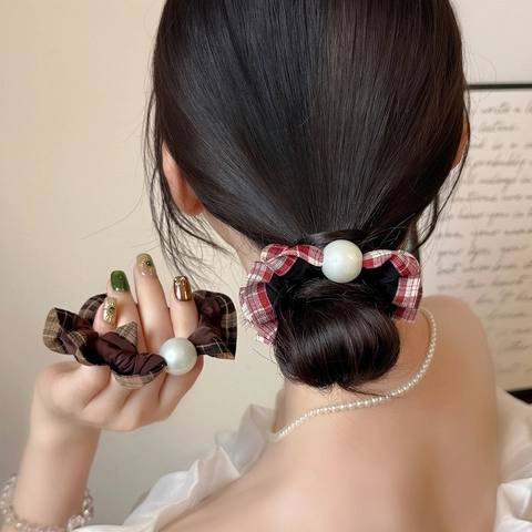 Elastico per Capelli a Quadri in Stile Coreano Con Grande Perla Artificial Sintetica Elegante Elastico per Capelli da Donna Ragazza Porta Coda di Cavallo